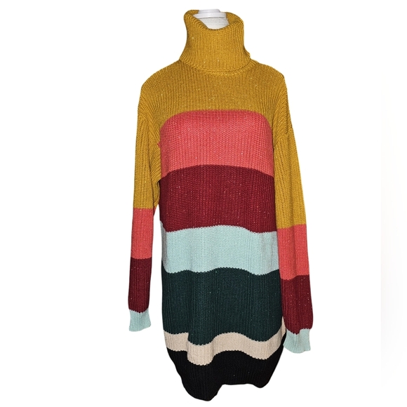Farm Rio Anthropologie Striped Turtleneck Sweater Dress Multicolor Sz S - Picture 4 of 16